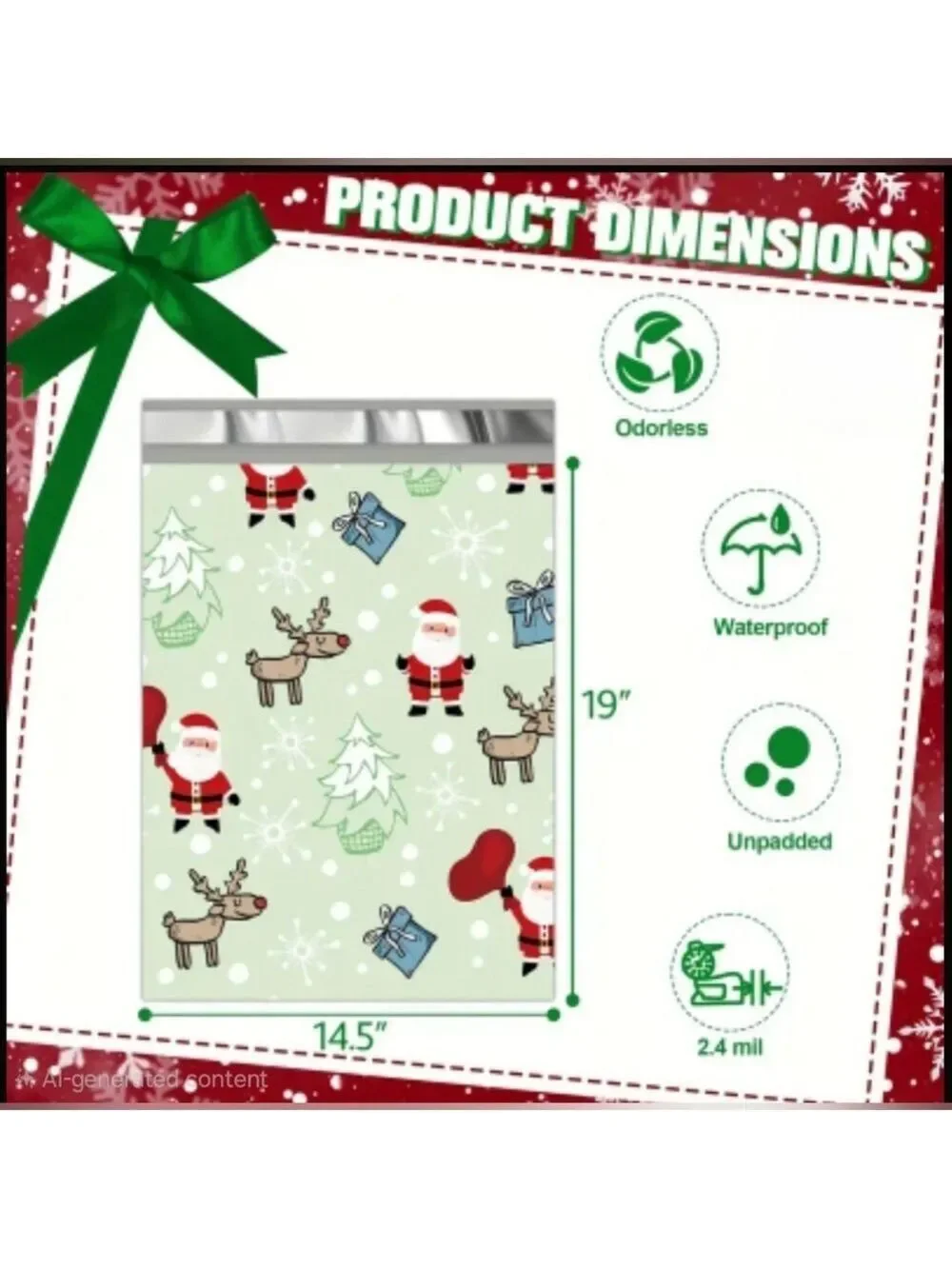 Ten Festive Santa and Reindeer 14.5x19 Inch Mint Green Poly Mailer